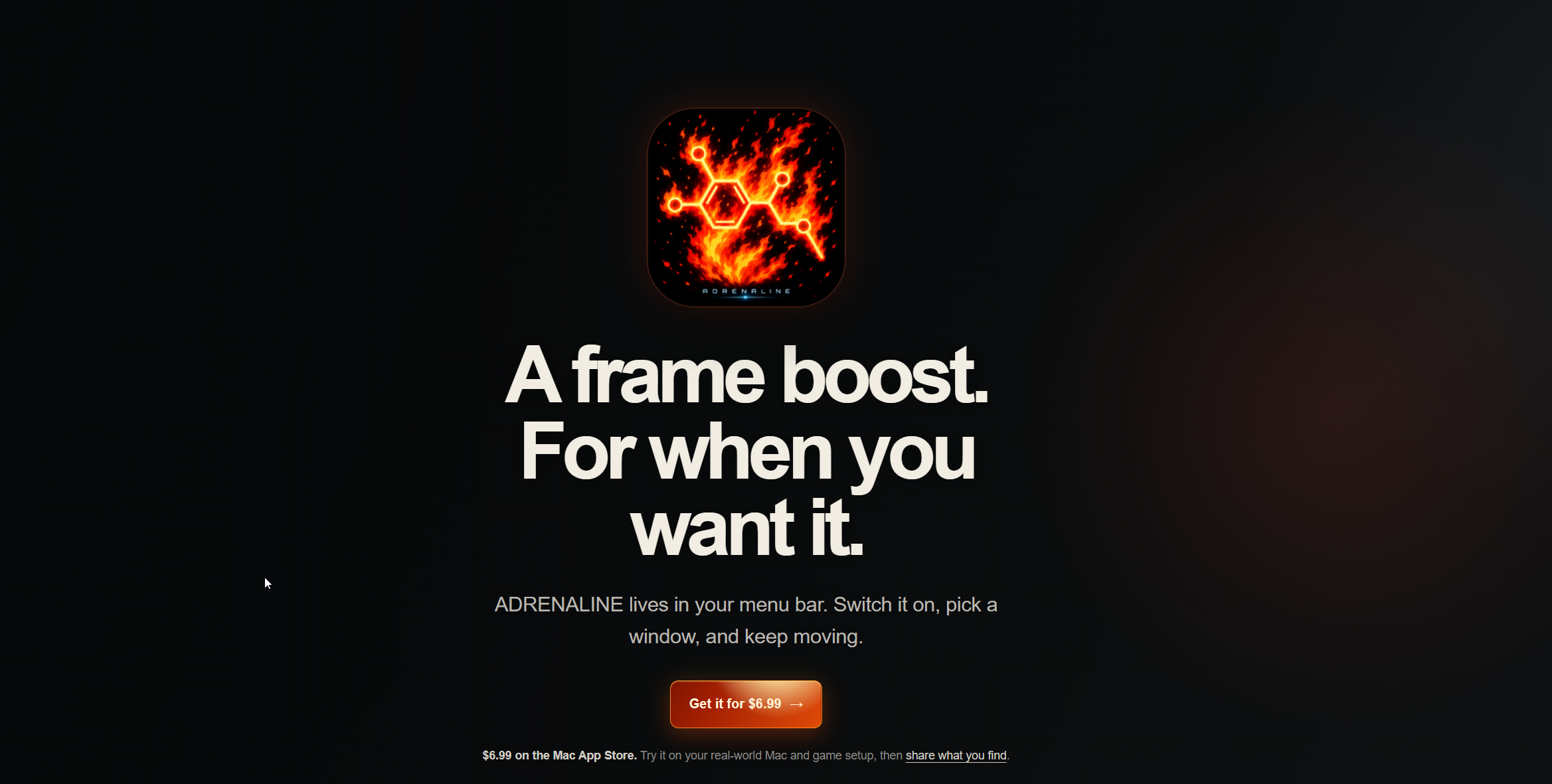 MacAdrenaline.com product page featuring the ADRENALINE app icon and the headline A frame boost. For when you want it.